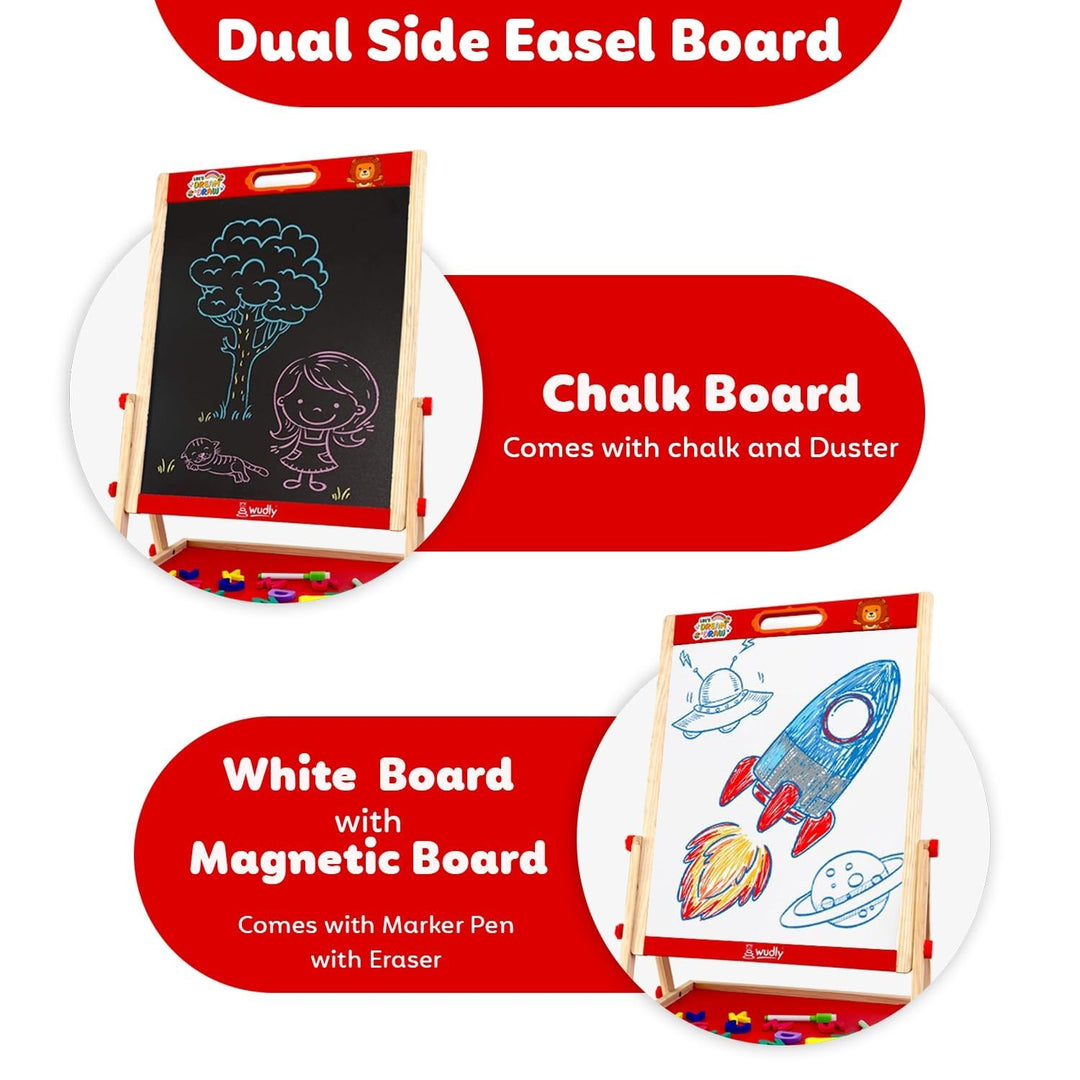 Wudly Kids Wooden Drawing Board, Double-Sided Chalkboard and Whiteboard, Educational Art Stand with Storage Tray
