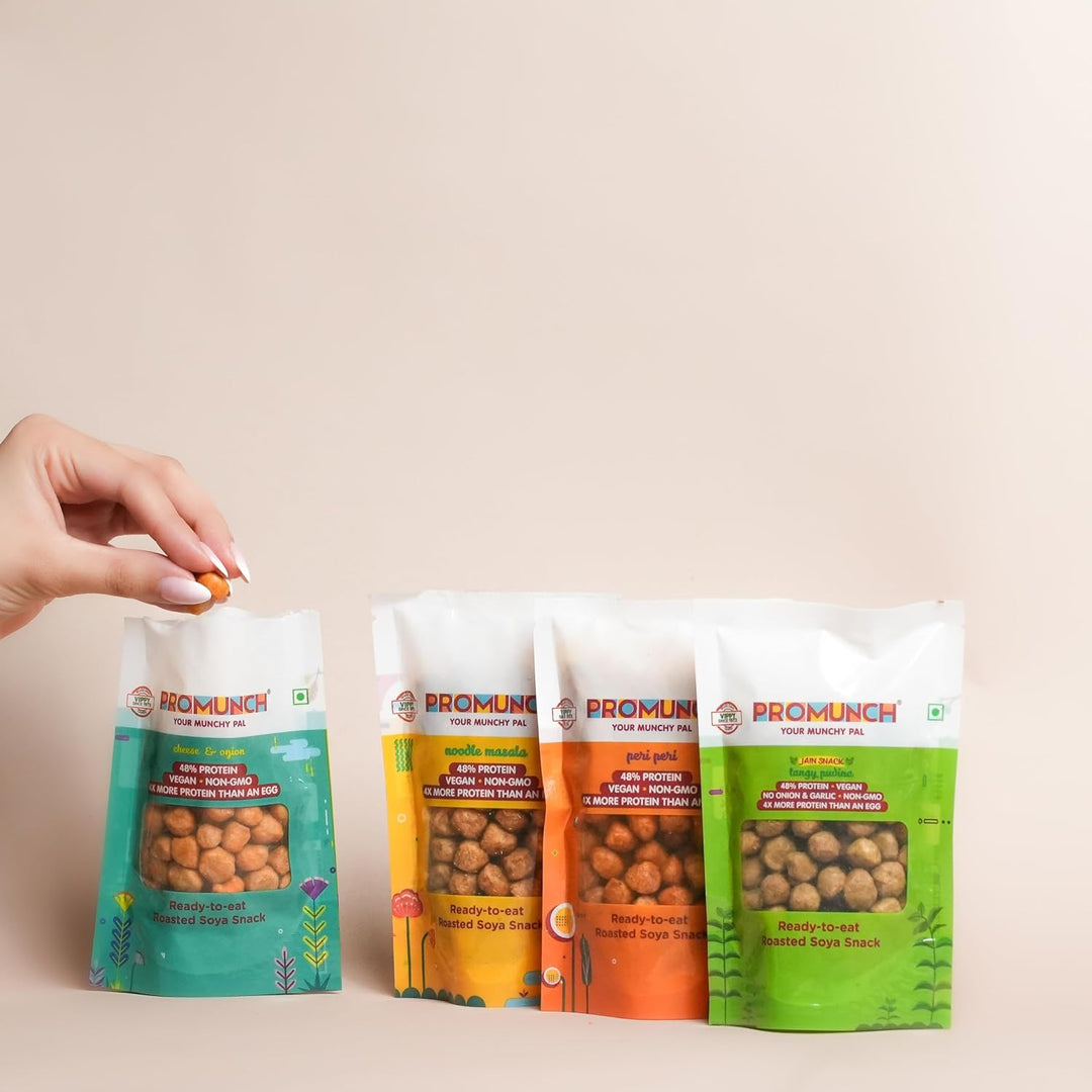 Tangy Pudina Soya Snack - Protein-Packed and Gluten-Free
Peri Peri Soya Snack - Tasty, Crunchy, and Nutrient-Rich
Cheese & Onion Soya Snack - Perfect for Healthy Snacking
Noodle Masala Soya Snack - Plant-Based Protein and No Preservatives