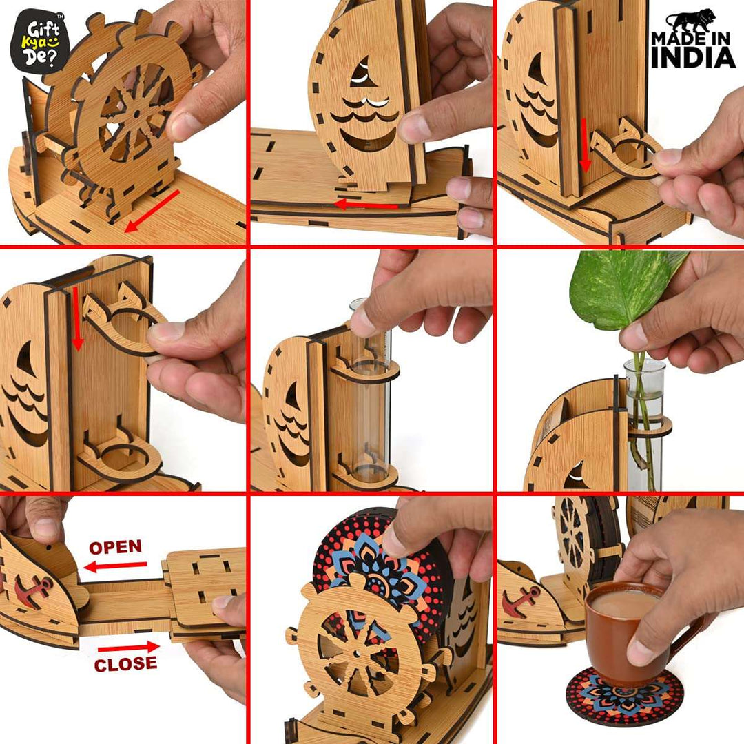 Gift Kya De Boat Shape Coaster Stand With Set of 6 Coaster & Cute Test Tube Planter