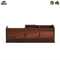 Gift Kya De Wooden Desk Organizer with Calendar, Clock and 4 Compartments for Stationery, Mobile and Remote | Tabletop Organizer for Office and Home Use