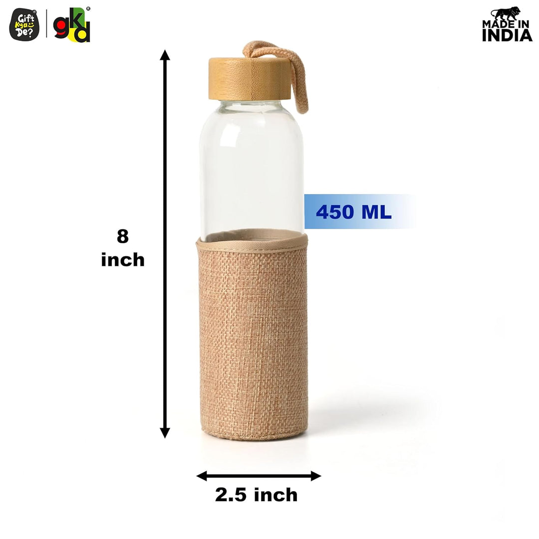 Glass Water Bottle with Bamboo Spill-Proof Cap & Jute Sleeve 450 ML | Eco-Friendly & Reusable | BPA Free | Leak-Proof | Travel Friendly | Made in India
