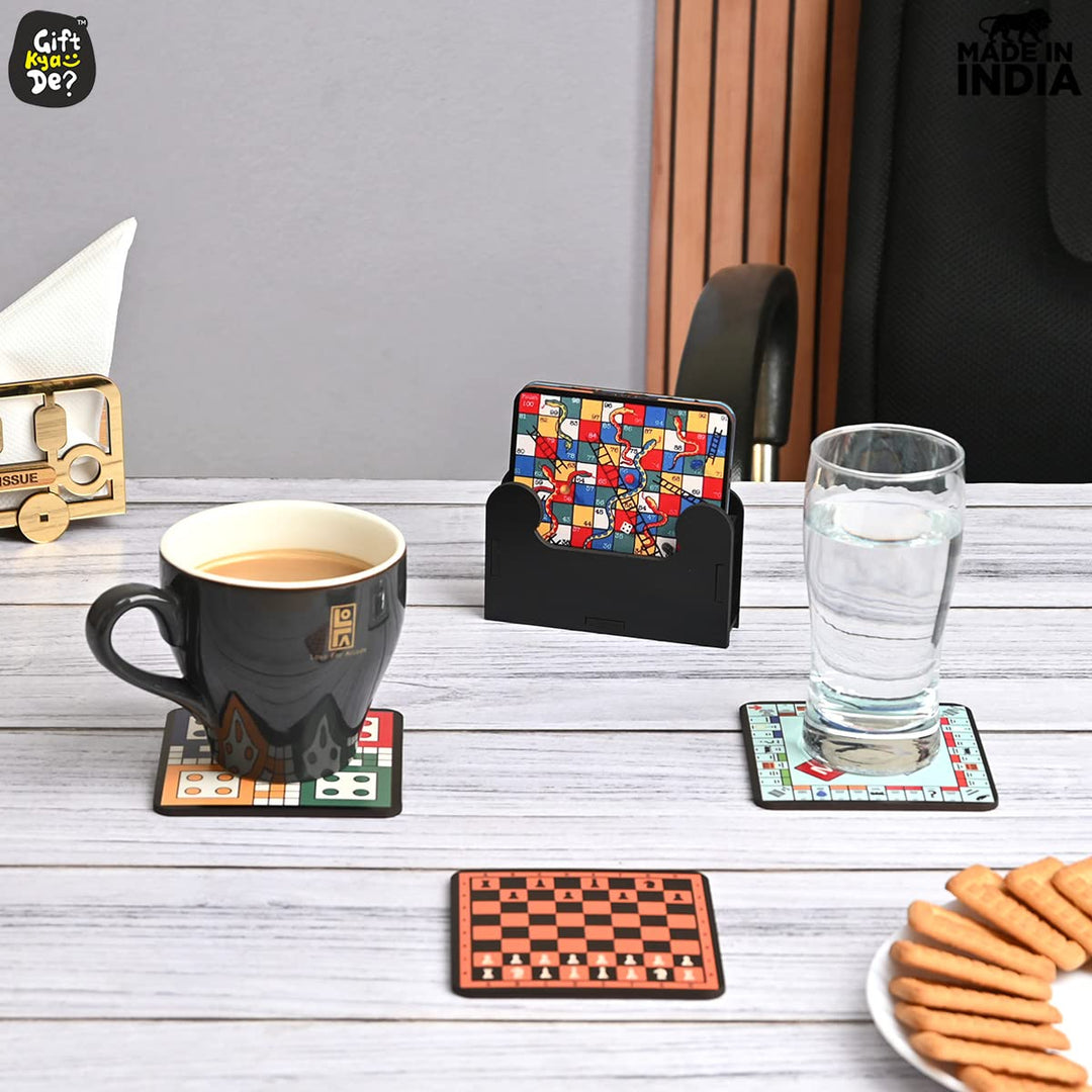 Gift Kya De Square Quotes Coaster Set of 6 With Coaster Stand | Quotes Coaster Set fit for Tea Cups and Coffee Mugs Also Coffee Lover Gifts