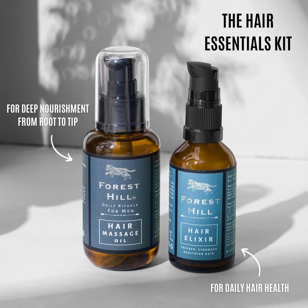Forest Hill Pack of 2 Men Hair Care Kit, Weekly Care Natural Hair Massage Oil 110ml & Daily Care Hair Elixir Serum 50ml