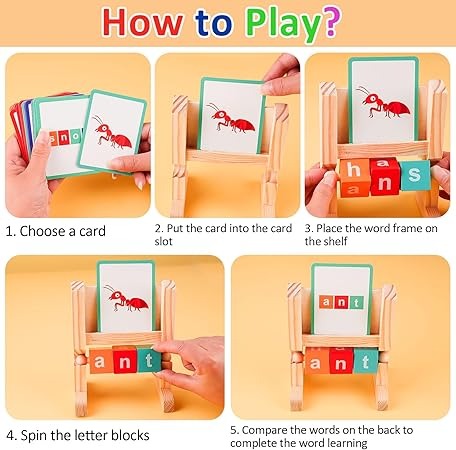 Wudly - Wooden Spelling Words Game , Spinning Wooden Phonics Toys, Spelling and Reading Blocks, Spelling Games, Alphabet Wordcraft Toy with CVC Flashcards, Educational Toys For 3+ Years Kids, Multi Colors, Child Safe Certified