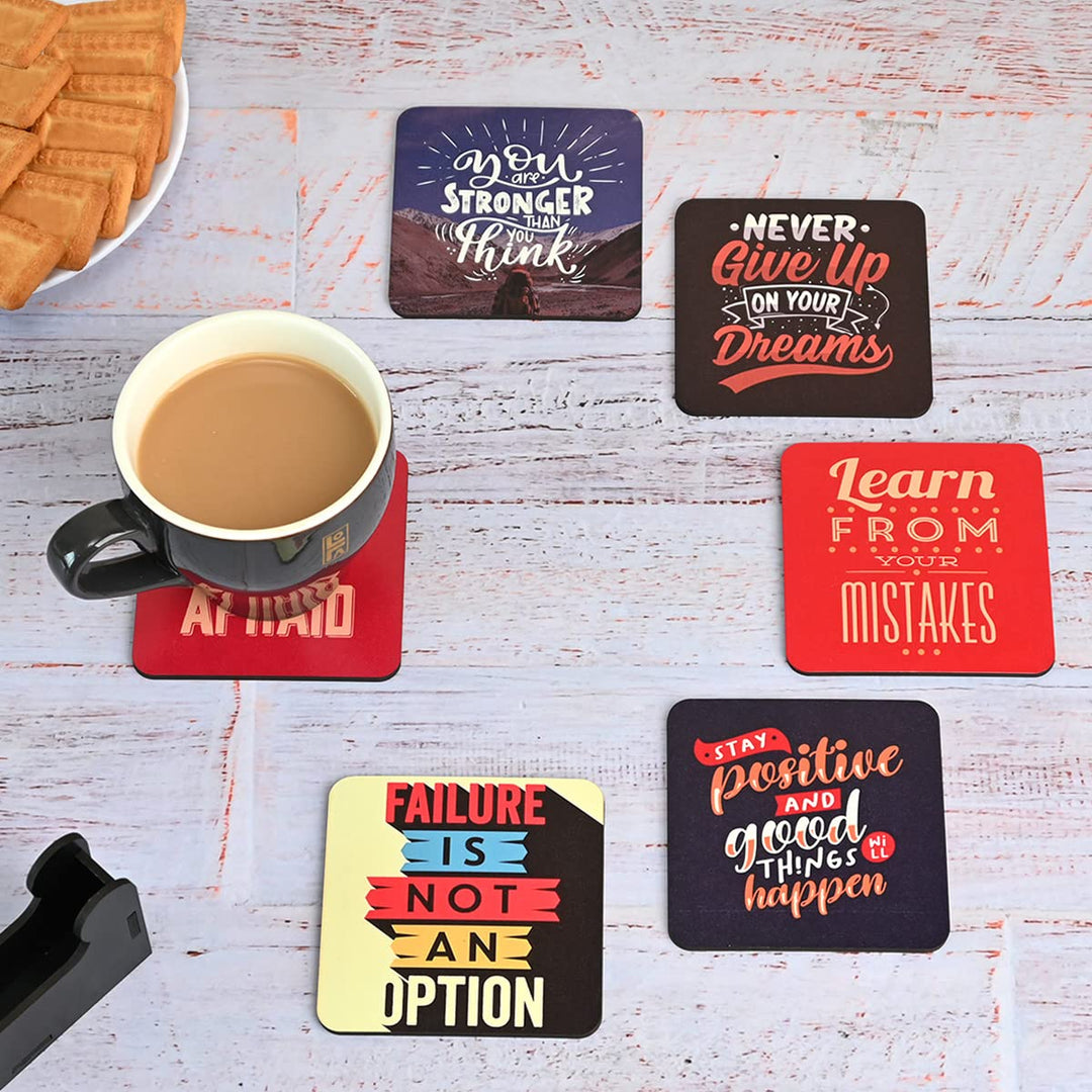 Gift Kya De Square Quotes Coaster Set of 6 With Coaster Stand | Quotes Coaster Set fit for Tea Cups and Coffee Mugs Also Coffee Lover Gifts