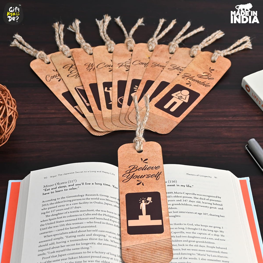 Gift Kya De Bookmarks Set of 10 Motivational Quotes | Bookmarks Aesthetic with Hard Paperback | Handmade Tassel Dori (Eco-Friendly 10pc)