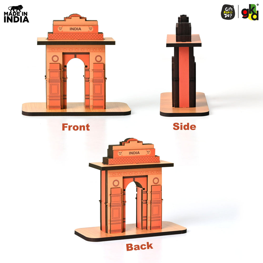India Gate Wooden Desk Organizer with Test Tube Planter, Pen Stand & Visiting Card Holder | Table Top Patriotic Souvenir | Independence Day Gift