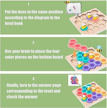 Wudly - Wooden Bee Puzzle Game, Brain Teasers Logic Game Learning Toys Matching Puzzle,  Beehive Puzzle Board Games Montessori Educational Toy for 3+ Years Kids, Multi Colors, Child Safe Certified