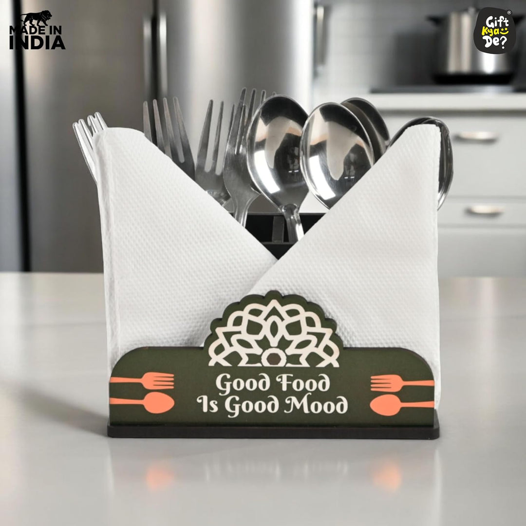 Gift Kya De Cutlery Stand with Tissue Holder for Kitchen & Dining Table | 2 Compartments | Spoon, Knife & Fork Holder, Cutlery Organizer