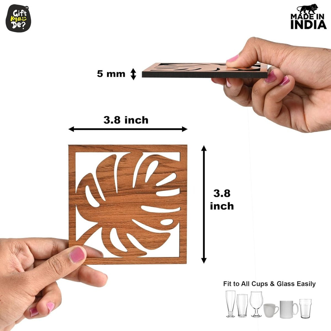 Gift Kya De Coaster Set of 6 Leaf Cutwork Design | Wooden Coasters to Serve Tea Cups, Coffee Mugs and Glasses