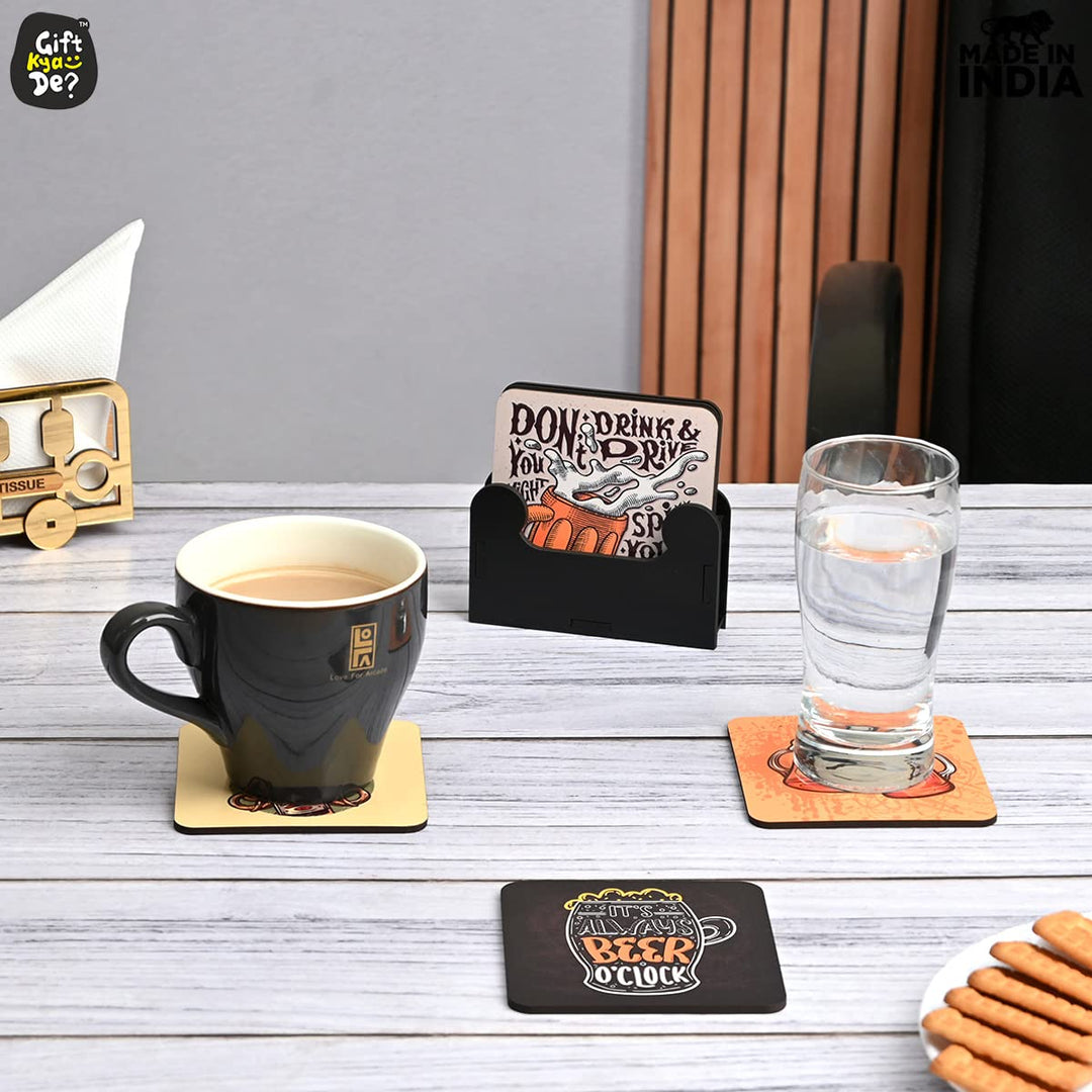 Gift Kya De Square Quotes Coaster Set of 6 With Coaster Stand | Quotes Coaster Set fit for Tea Cups and Coffee Mugs Also Coffee Lover Gifts