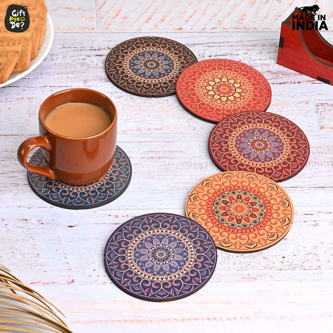 Gift Kya De Coaster Set of 12 Beautiful Wooden Coasters with Proper Coaster Stand (Combo Pack) (12 pc 9 x 9 cm)