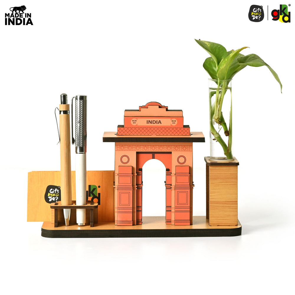 India Gate Wooden Desk Organizer with Test Tube Planter, Pen Stand & Visiting Card Holder | Table Top Patriotic Souvenir | Independence Day Gift