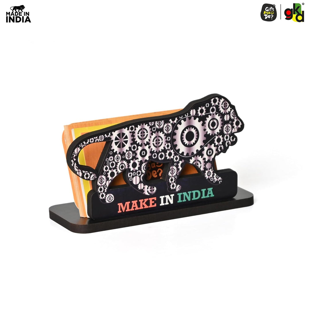Gift Kya De Make In India Themed Visiting Card Stand, Decorative Lion Gear Pattern Design