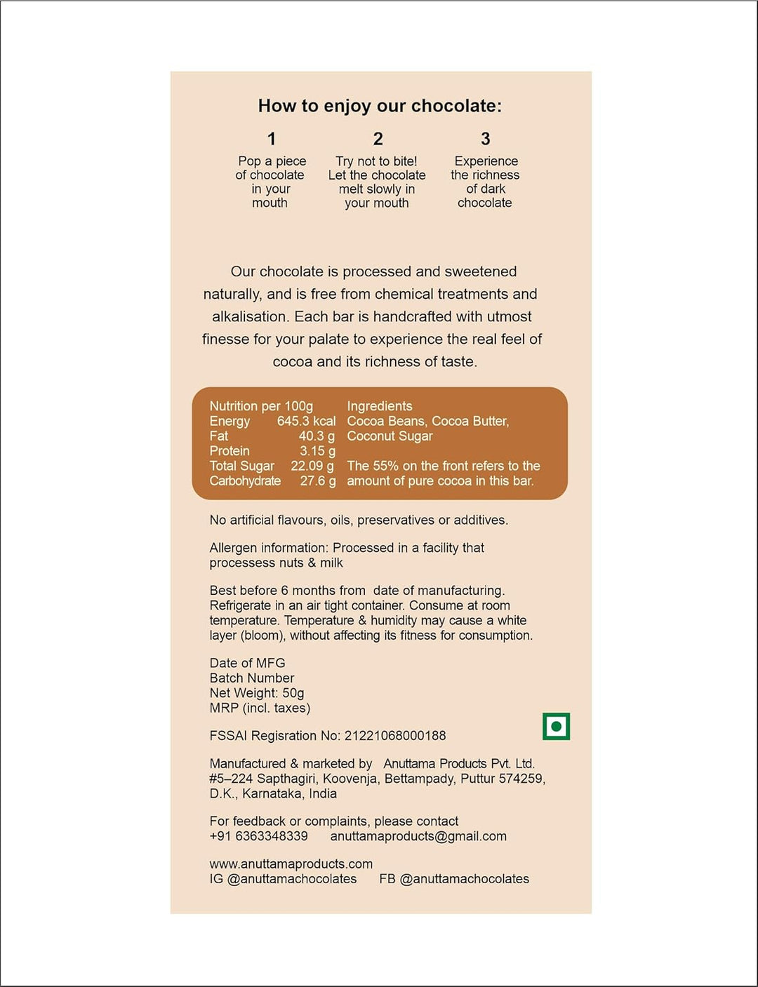 ANUTTAMA Coconut Sugar Dark Chocolate - 55% Cocoa -  Chocolate Bar - 50 gm