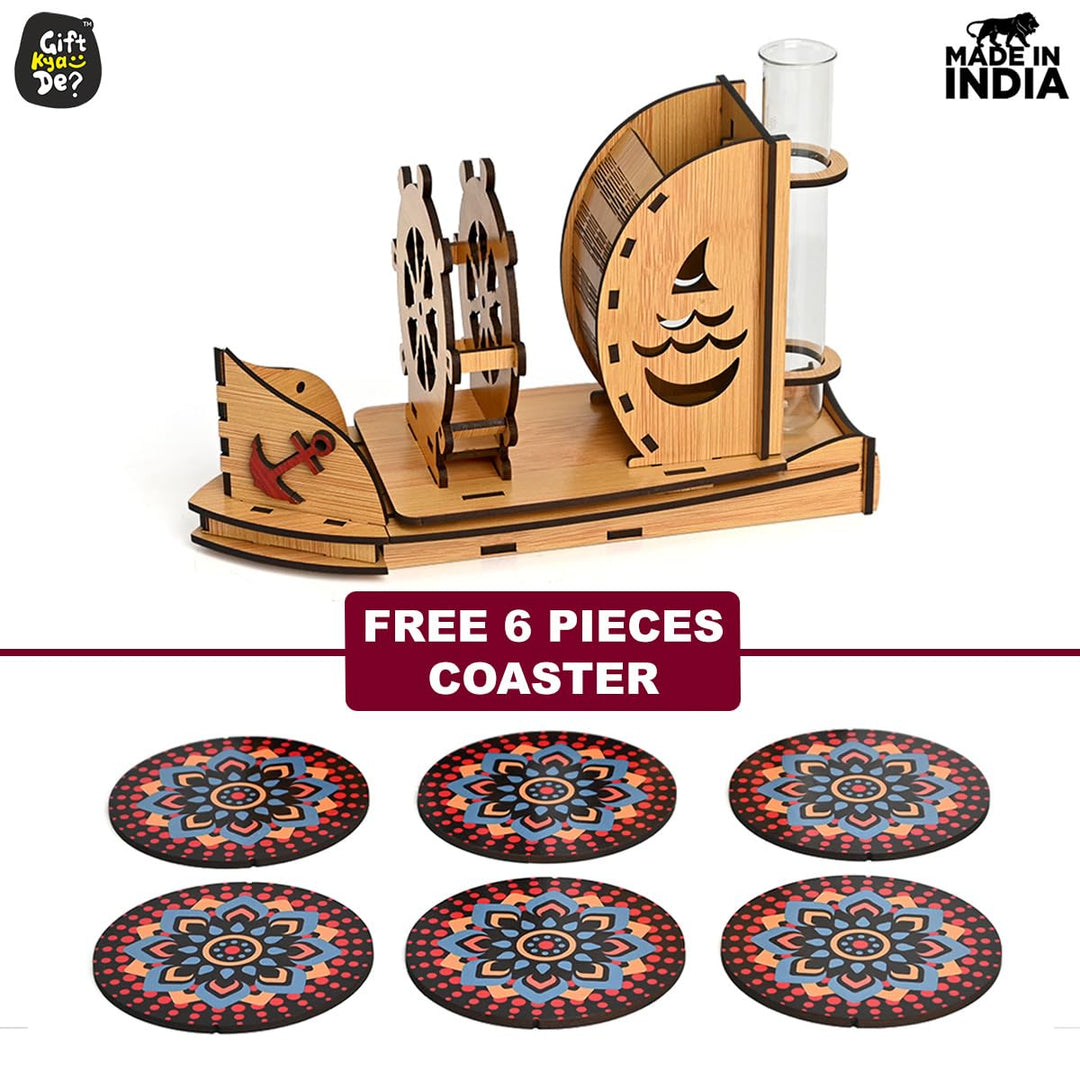 Gift Kya De Boat Shape Coaster Stand With Set of 6 Coaster & Cute Test Tube Planter