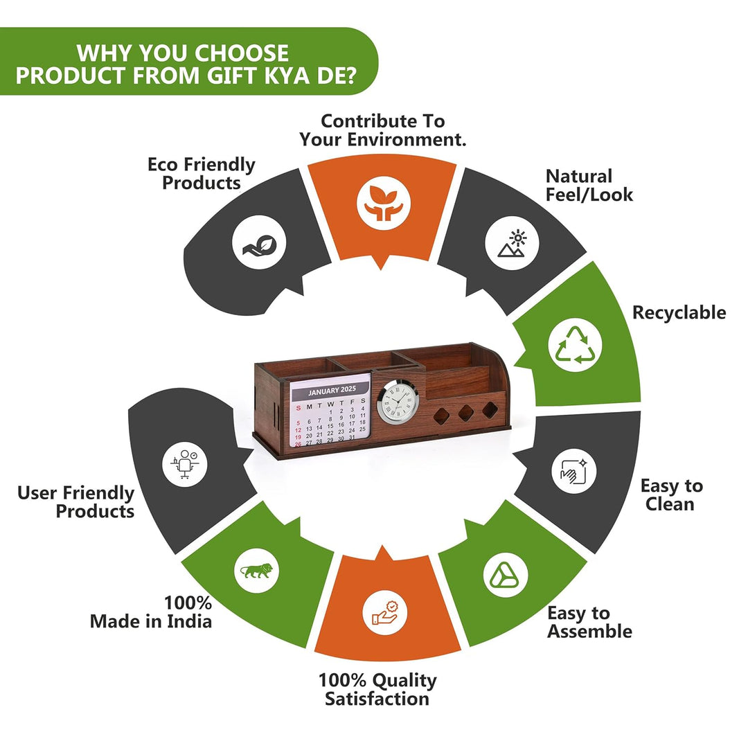 Gift Kya De Wooden Desk Organizer with Calendar, Clock and 4 Compartments for Stationery, Mobile and Remote | Tabletop Organizer for Office and Home Use