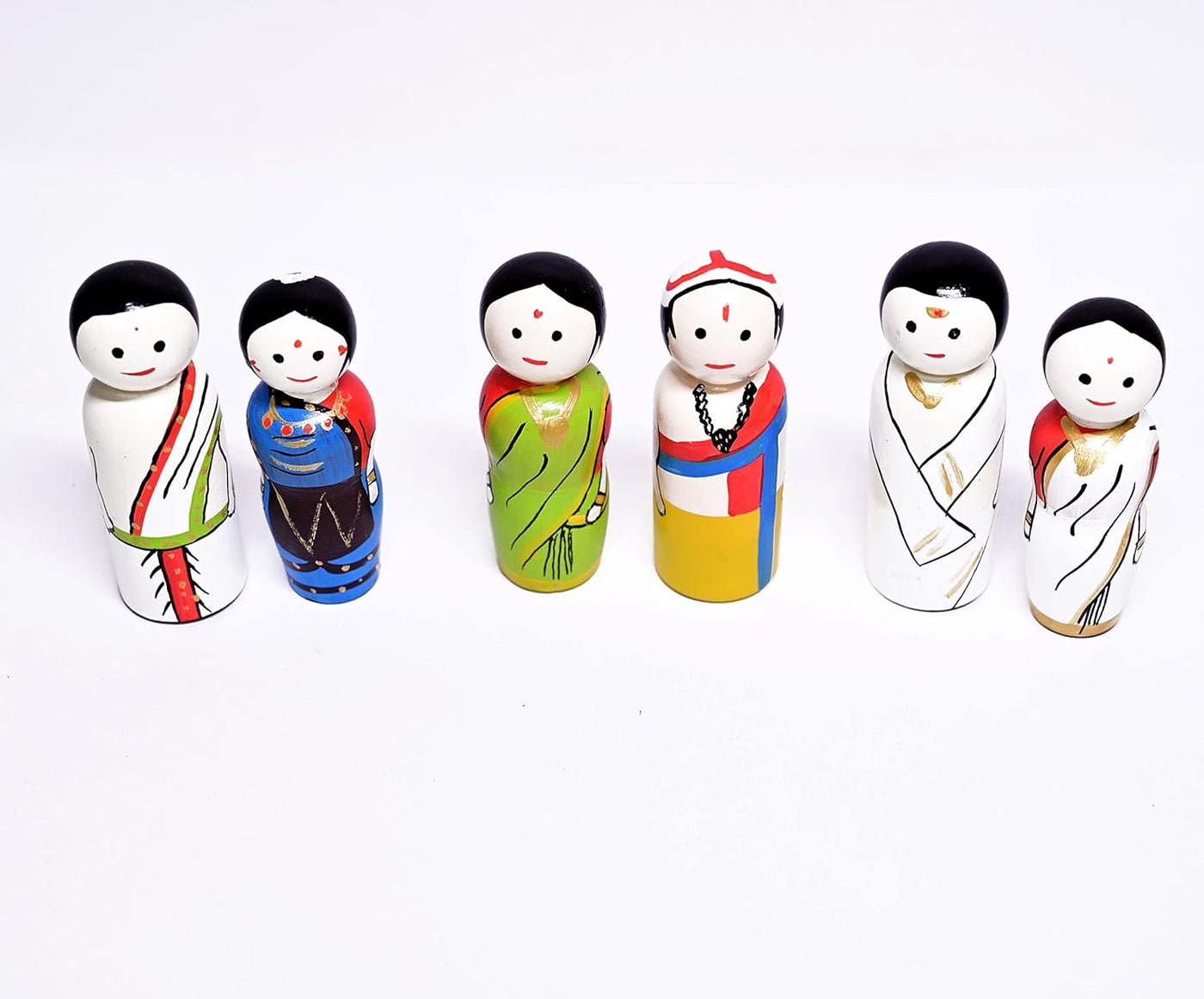 Wooden Peg Dolls: Set of 6 South Indian Couples | Non-Toxic Colors, Handmade Pretend Play Dolls for Kids (2 Years+)