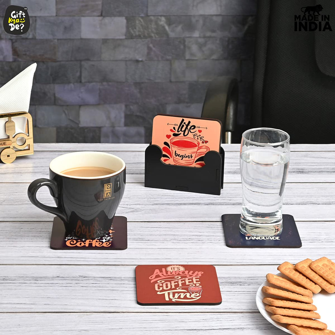 Gift Kya De Square Quotes Coaster Set of 6 With Coaster Stand | Quotes Coaster Set fit for Tea Cups and Coffee Mugs Also Coffee Lover Gifts