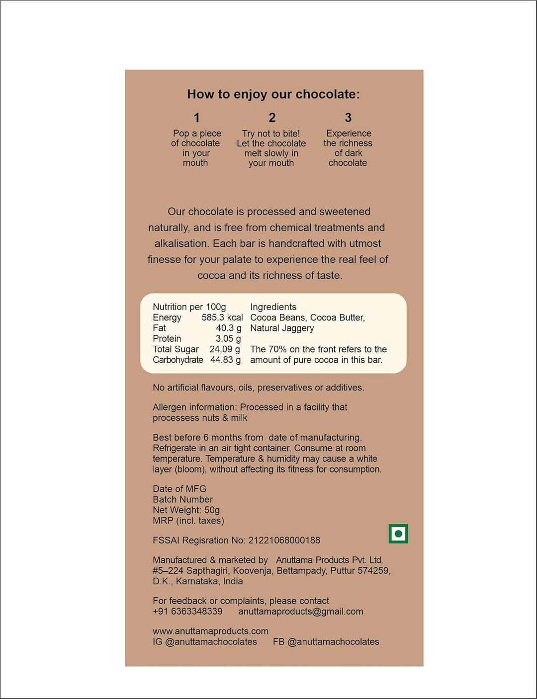 ANUTTAMA Dark Chocolate Bittersweet - 70% Cocoa - Chocolate Bar 50 gm