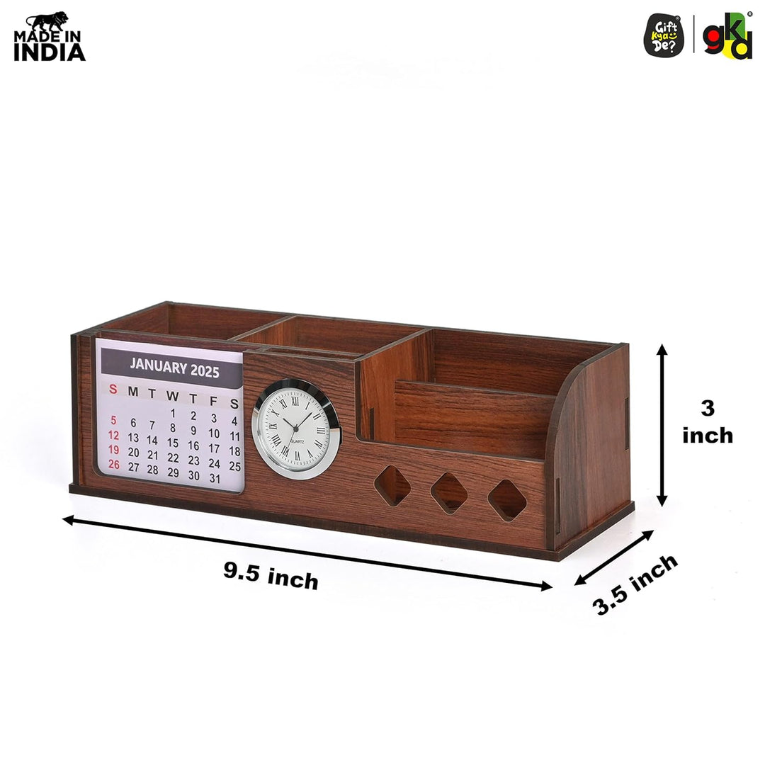 Gift Kya De Wooden Desk Organizer with Calendar, Clock and 4 Compartments for Stationery, Mobile and Remote | Tabletop Organizer for Office and Home Use