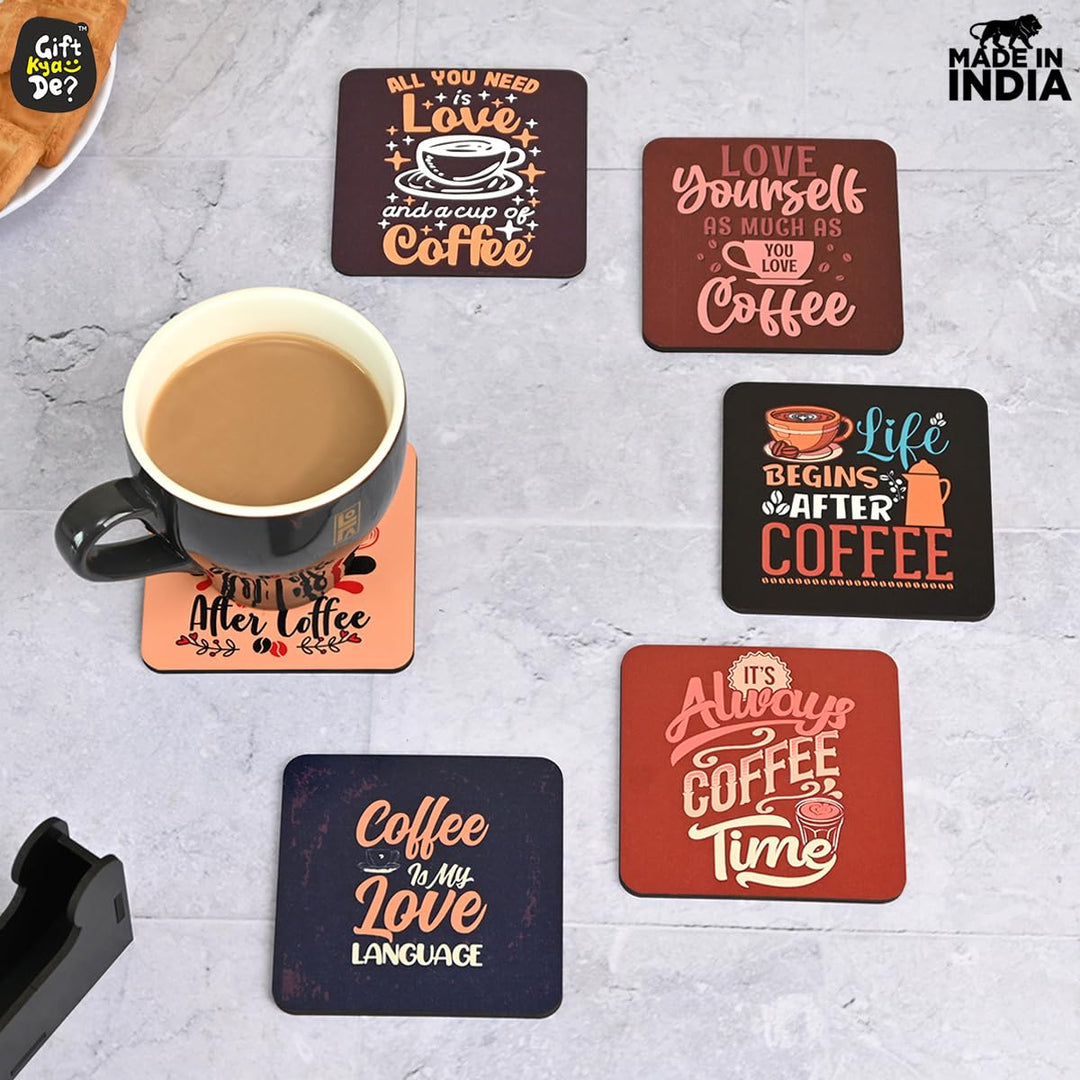 Gift Kya De Coaster Set of 12 | Wooden Square Coasters with Proper Coaster Stand | Designer Coaster Set