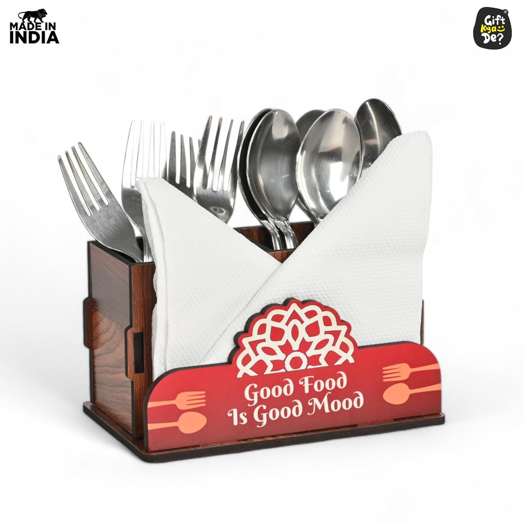 Gift Kya De Cutlery Stand with Tissue Holder for Kitchen & Dining Table | 2 Compartments | Spoon, Knife & Fork Holder, Cutlery Organizer