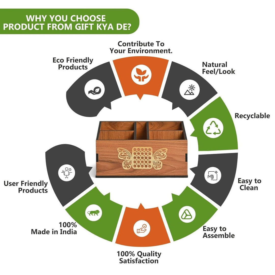 Gift Kya De Wooden Remote Stand with 5 Sections | Remote Holder for TV and AC | Stationary Organizer | Ideal for Home and Office