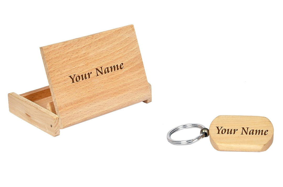 MiRa Gifting Solutions 4 in 1 Personalized Customized Wooden Office Gift Set with Pen, Pen Stand, Keychain and Card Holder