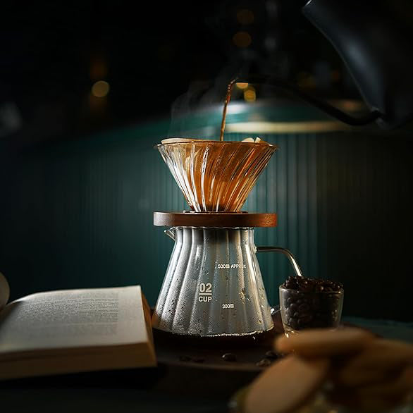 The Bean Co Roasters Pour Over Coffee Brewer Maker Set | Borosilicate Glass serving Carafe| Coffee Dripper with Wooden Base