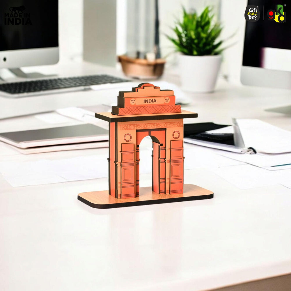 India Gate Wooden Desk Organizer with Test Tube Planter, Pen Stand & Visiting Card Holder | Table Top Patriotic Souvenir | Independence Day Gift
