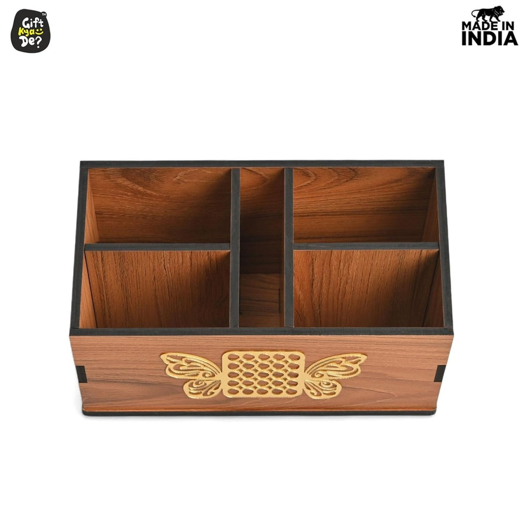 Gift Kya De Wooden Remote Stand with 5 Sections | Remote Holder for TV and AC | Stationary Organizer | Ideal for Home and Office