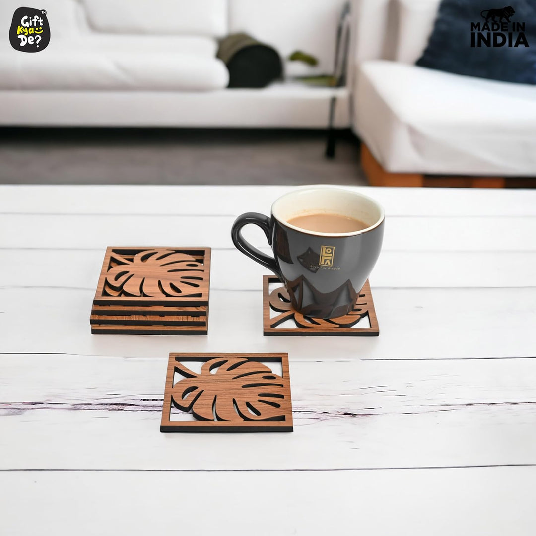Gift Kya De Coaster Set of 6 Leaf Cutwork Design | Wooden Coasters to Serve Tea Cups, Coffee Mugs and Glasses