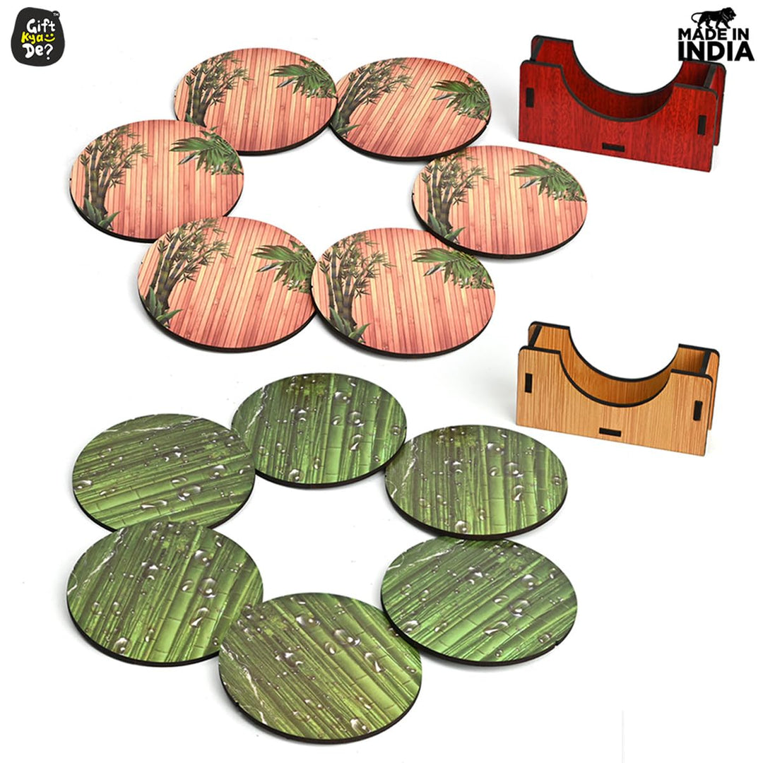 Gift Kya De Coaster Set of 6 Natural Wooden Bamboo Tree Style | Coasters with Beautiful Coaster Stand