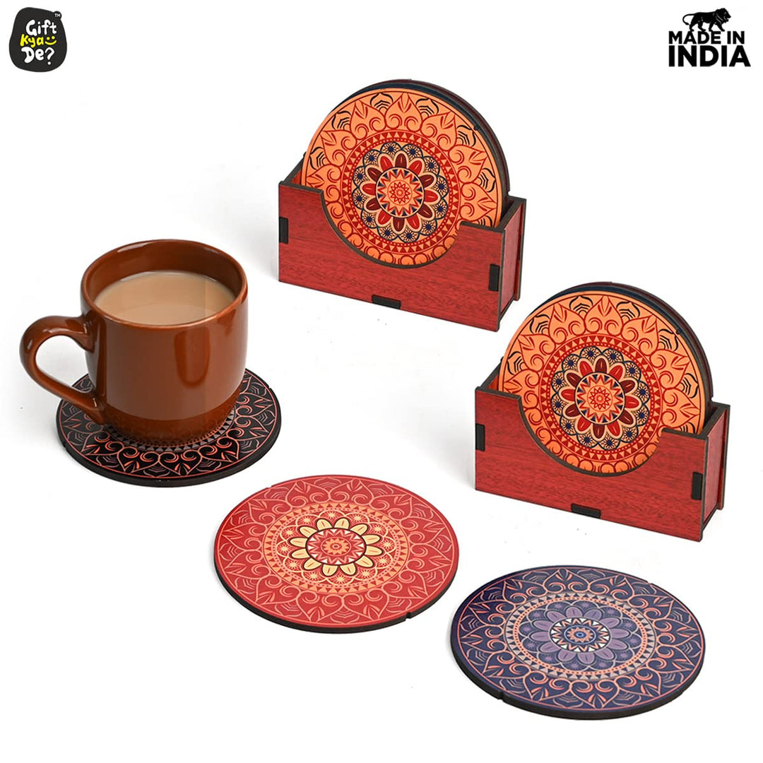 Gift Kya De Coaster Set of 12 Beautiful Wooden Coasters with Proper Coaster Stand (Combo Pack) (12 pc 9 x 9 cm)