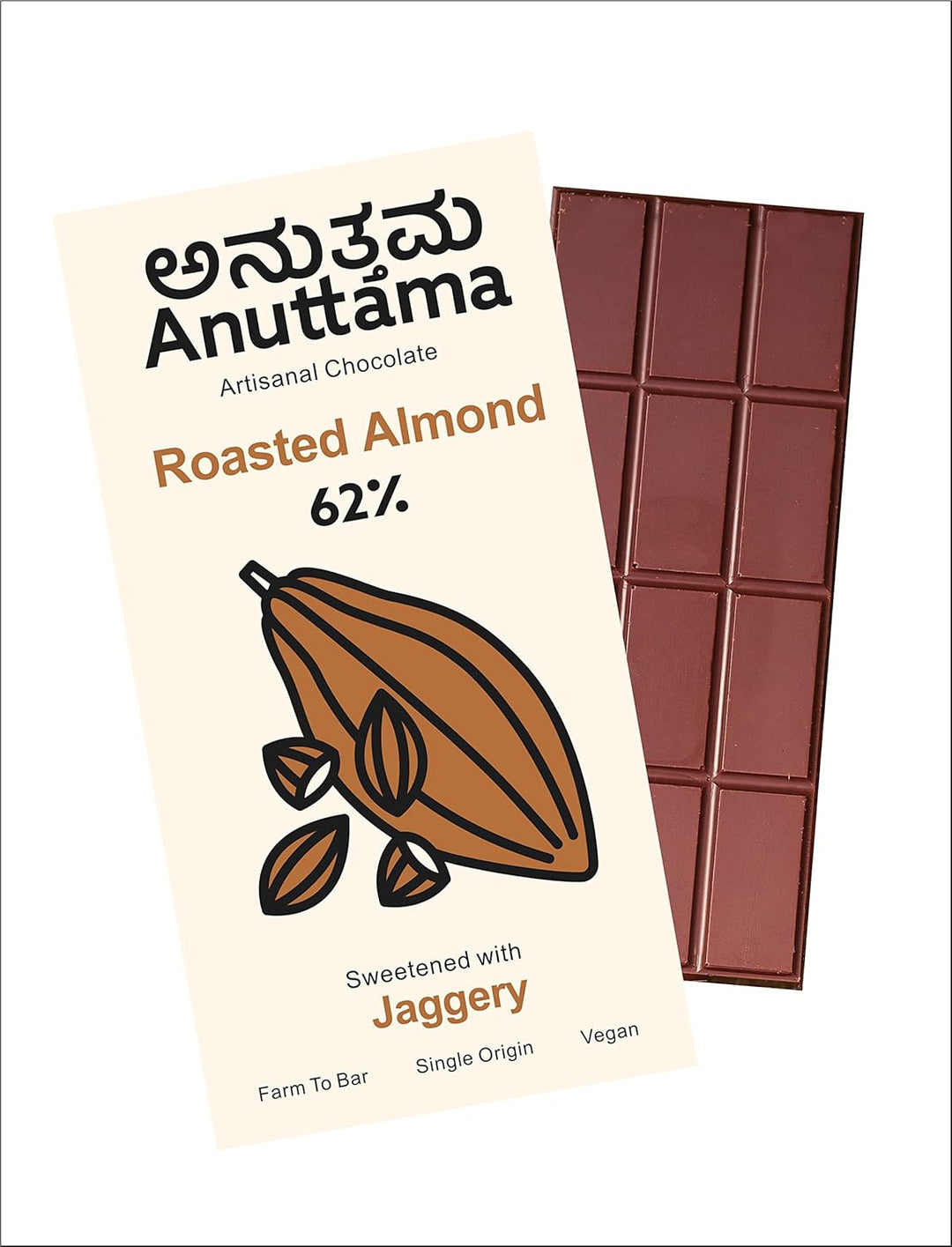 ANUTTAMA Dark Chocolate Roasted Almond | 62% Cocoa - Chocolate Bar 50 gm