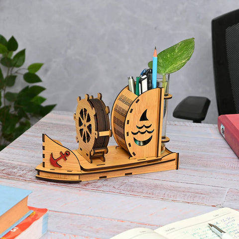 Gift Kya De Boat Shape Coaster Stand With Set of 6 Coaster & Cute Test Tube Planter