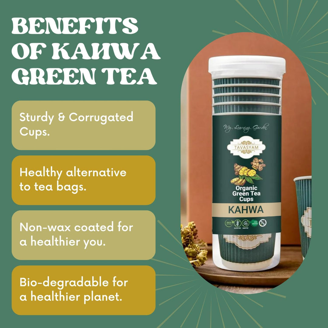 TAVASYAM Ready to Sip Kahwa Flavour Green Tea Cups - Vegan, Gluten Free & Sugar Free - Pre-Filled Tea Cups 200ml - Pack of 12 Cups