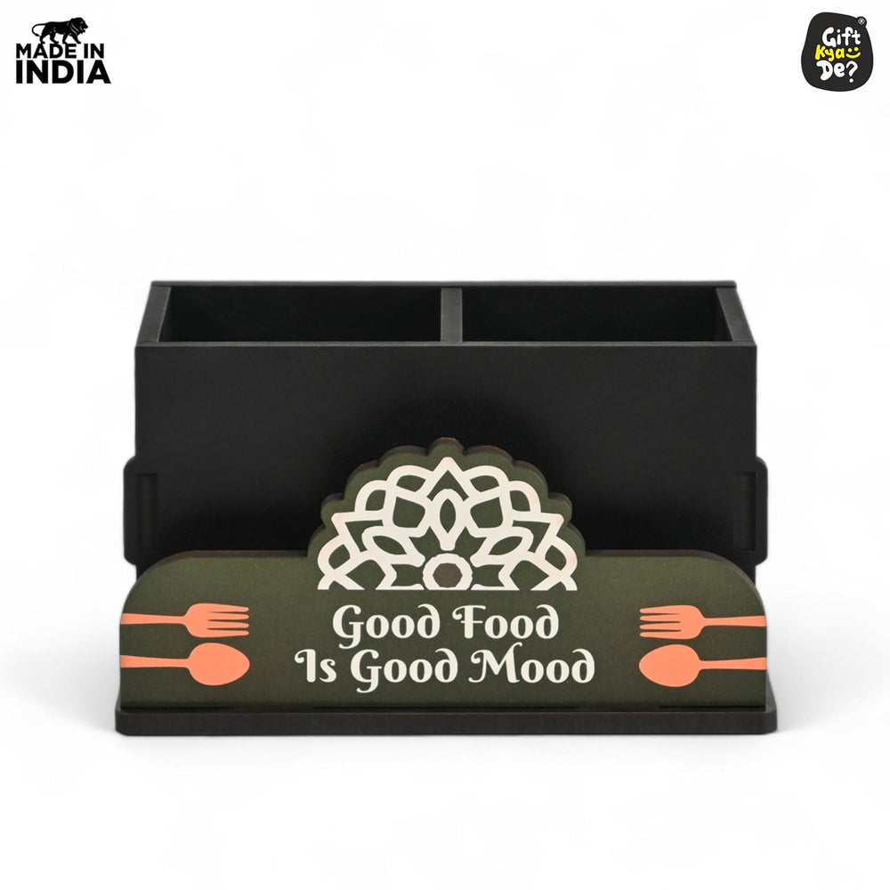 Gift Kya De Cutlery Stand with Tissue Holder for Kitchen & Dining Table | 2 Compartments | Spoon, Knife & Fork Holder, Cutlery Organizer