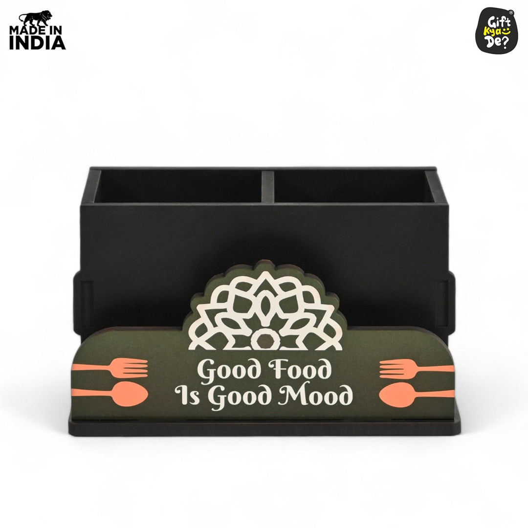 Gift Kya De Cutlery Stand with Tissue Holder for Kitchen & Dining Table | 2 Compartments | Spoon, Knife & Fork Holder, Cutlery Organizer