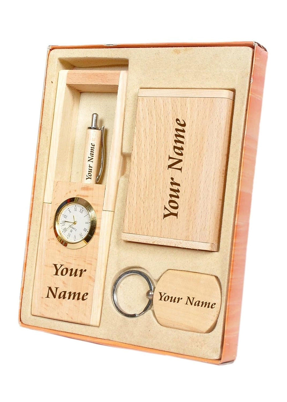 MiRa Gifting Solutions 4 in 1 Personalized Customized Wooden Office Gift Set with Pen, Pen Stand, Keychain and Card Holder
