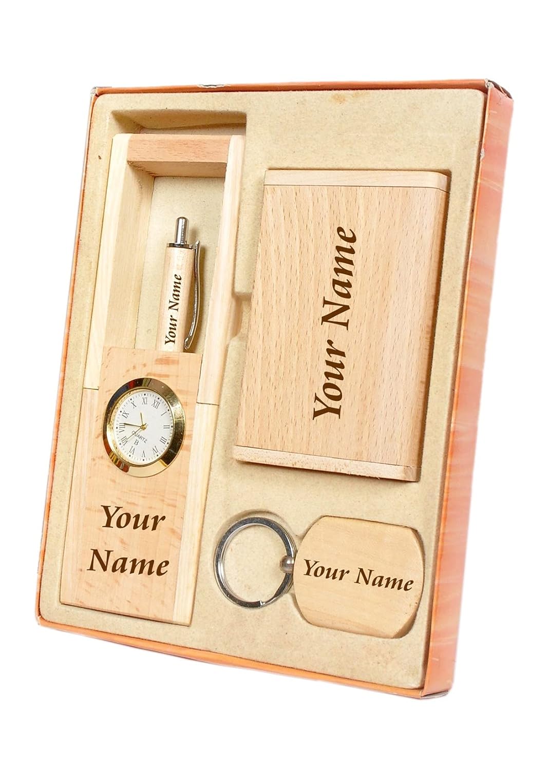 MiRa Gifting Solutions 4 in 1 Personalized Customized Wooden Office Gift Set with Pen, Pen Stand, Keychain and Card Holder