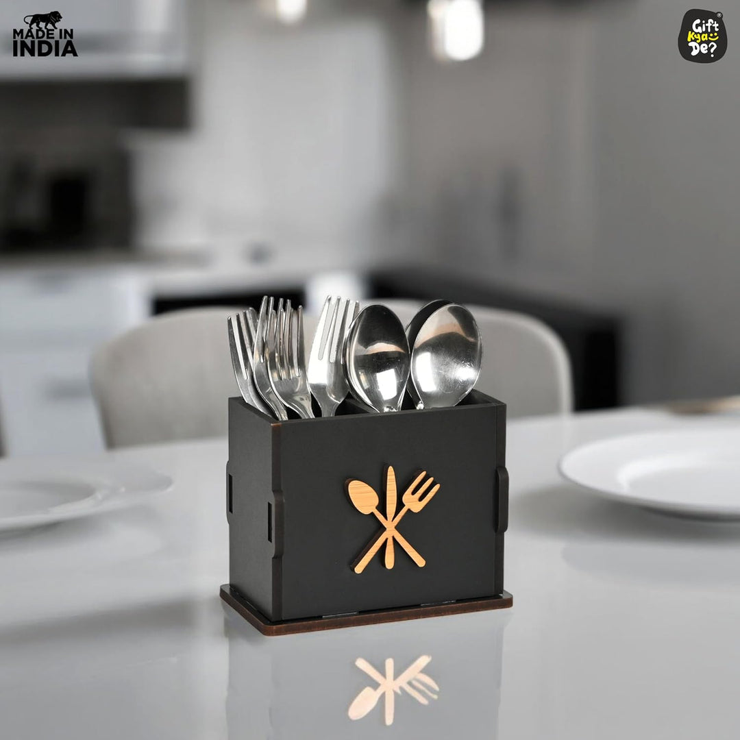 Gift Kya De 2 Compartments Wooden Cutlery Stand for Kitchen & Dining Table | Spoon, Knife & Fork Holder