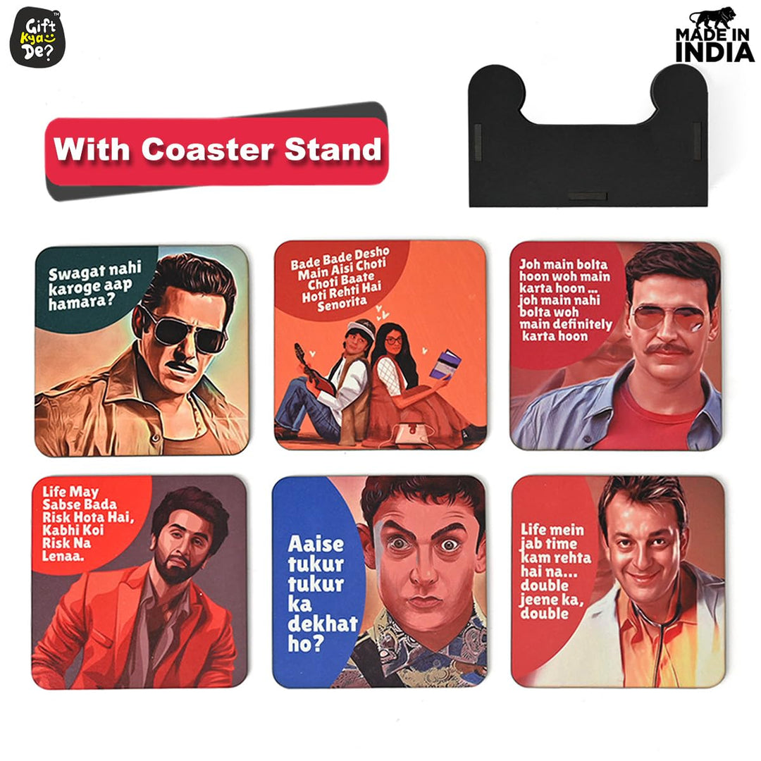 Gift Kya De Coaster Set of 12 | Wooden Square Coasters with Proper Coaster Stand | Designer Coaster Set