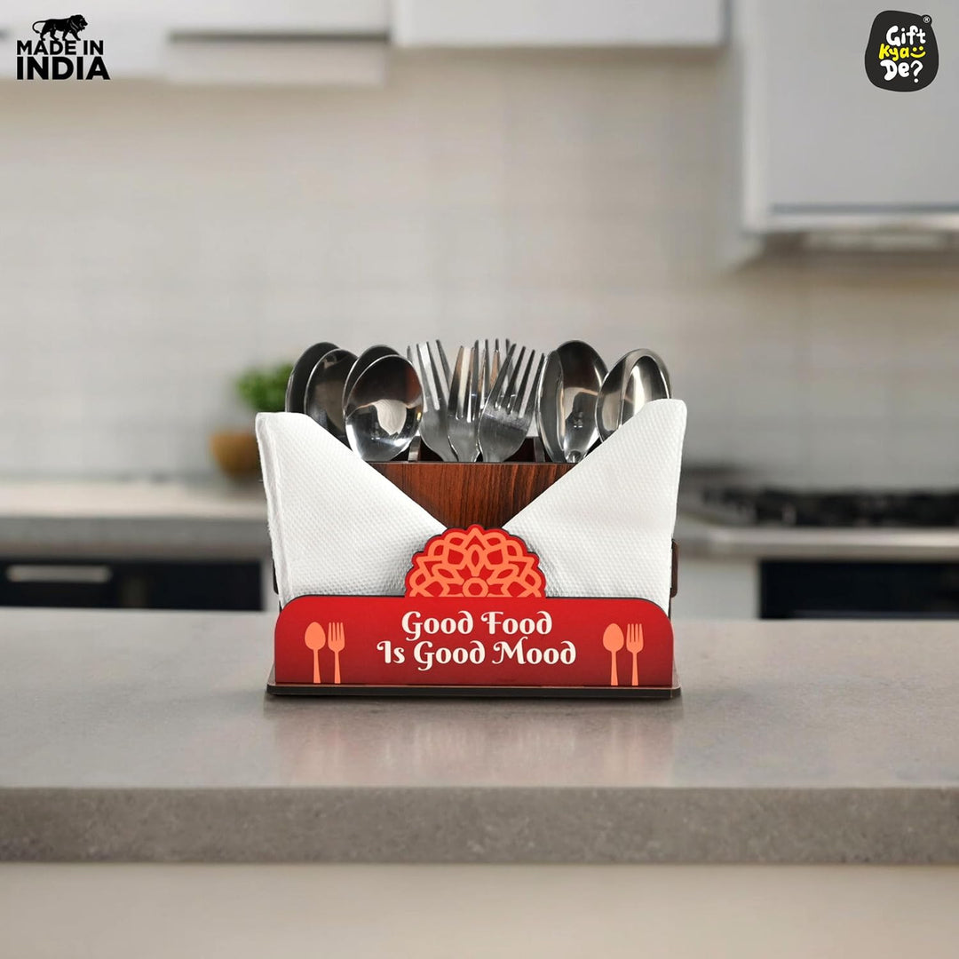 Gift Kya De Cutlery Stand with Tissue Holder for Kitchen & Dining Table | 3 Compartments | Spoon, Knife & Fork Holder, Cutlery Organizer