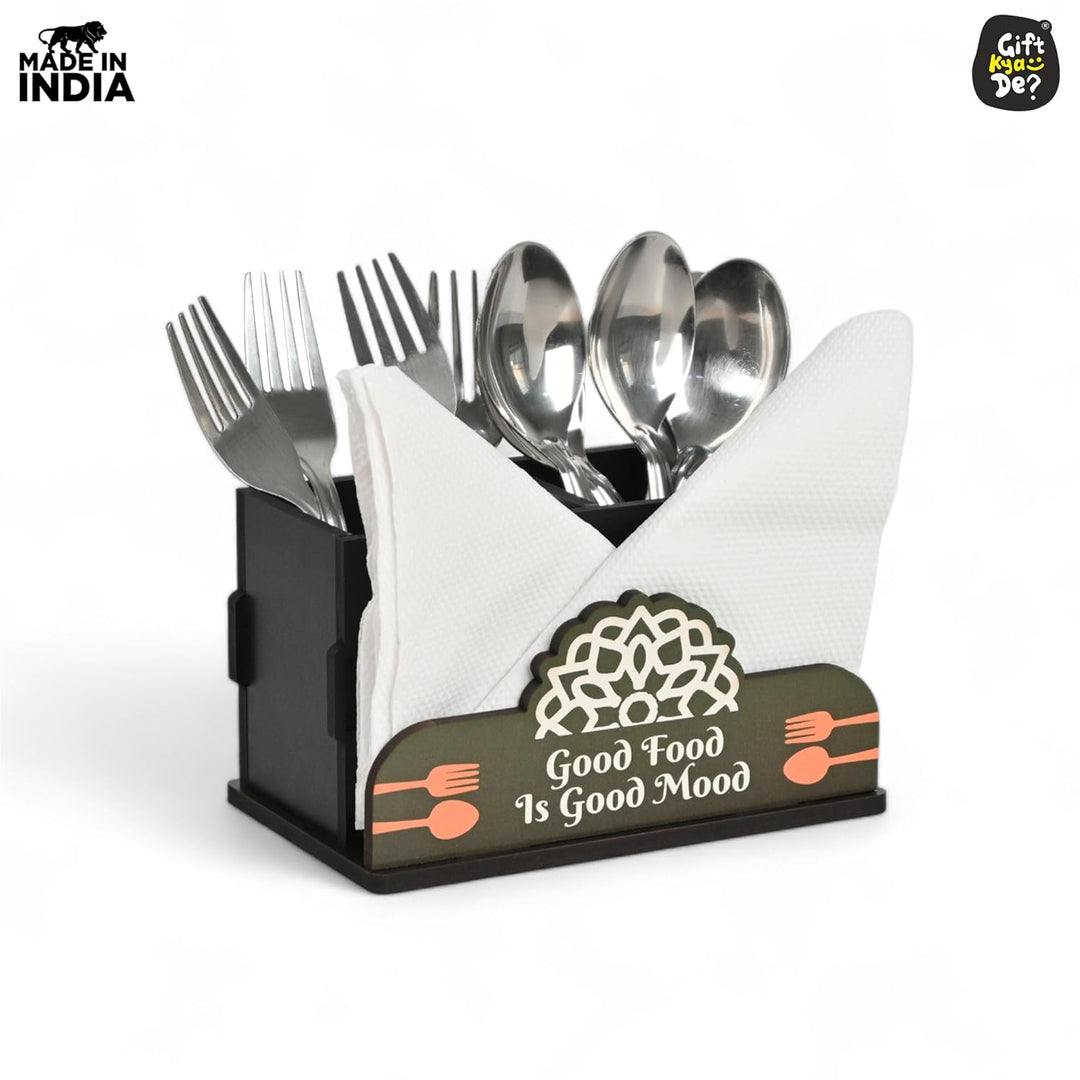 Gift Kya De Cutlery Stand with Tissue Holder for Kitchen & Dining Table | 2 Compartments | Spoon, Knife & Fork Holder, Cutlery Organizer