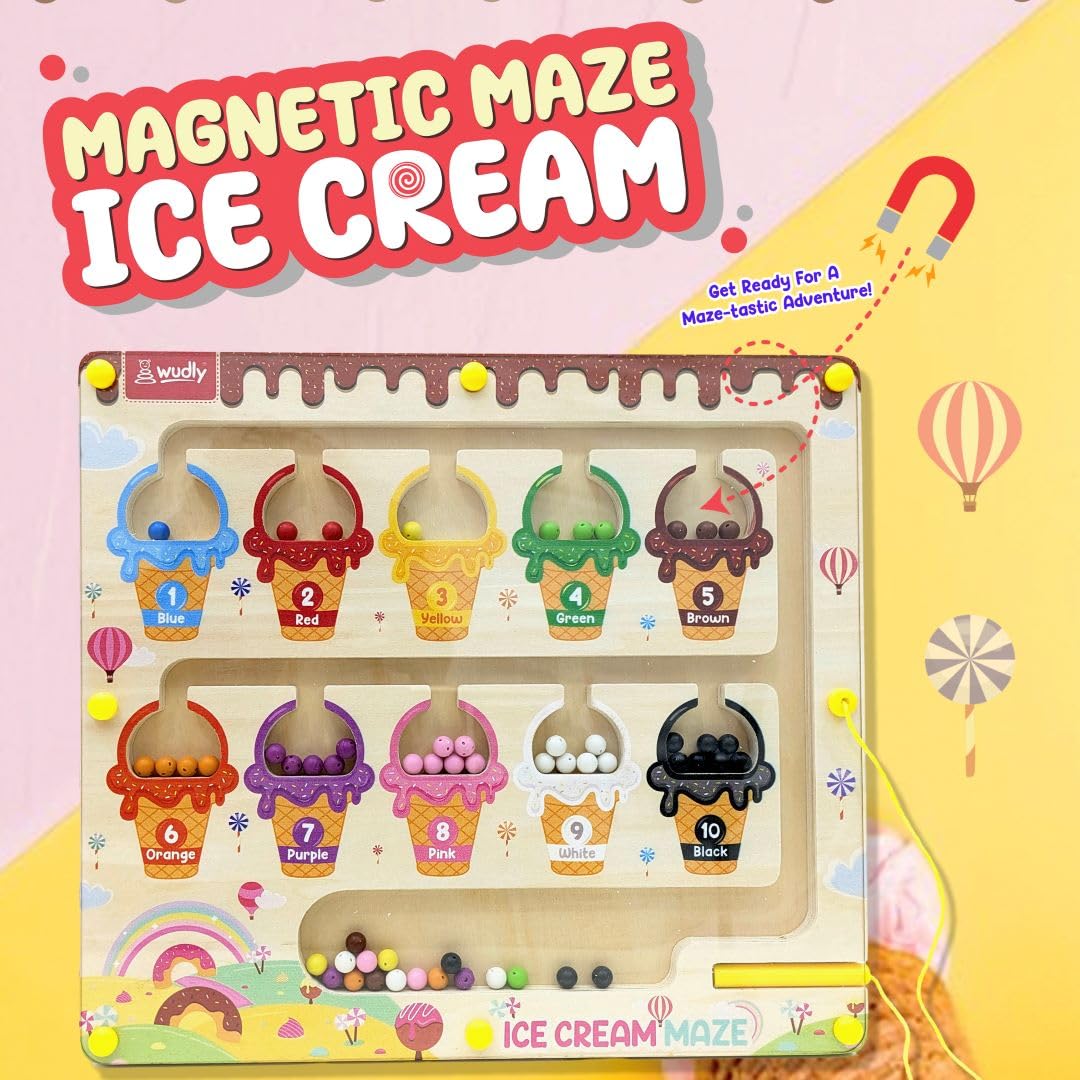 Wudly Ice Cream Maze, Magnetic Color and Number Maze - Educational Fine Motor Skills Toys for Boys Girls 3 4 5 Years Old, Wooden Color Matching Learning Counting Toddler Puzzle Board