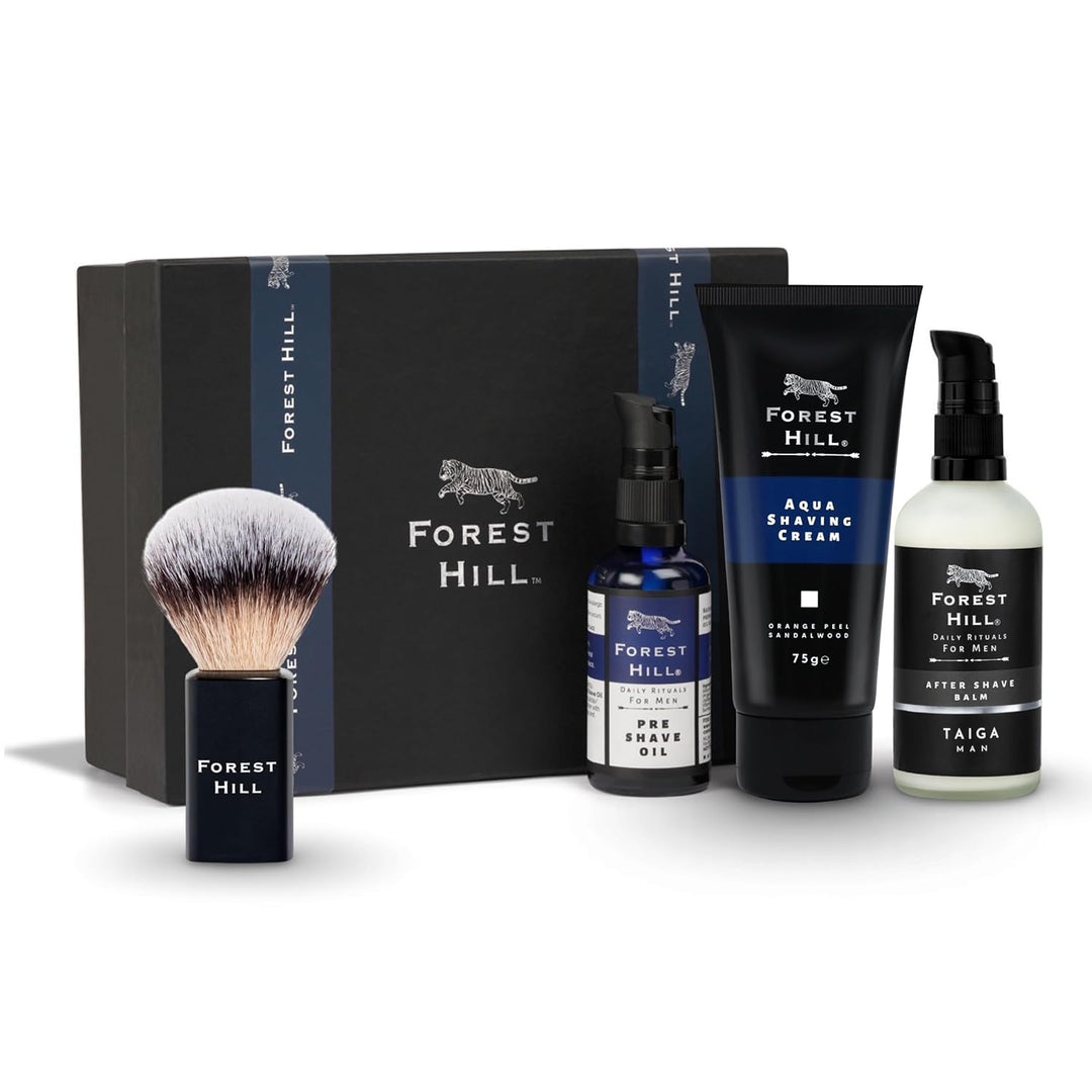 Forest Hill Set of 4 Men Gift Set Grooming Shaving Kit, Pre Shave Oil 50ml, Aqua Shaving Cream 75g, Taiga After Shave Balm 100ml & Black Color Lincoln Synthetic Faux Badger Super Soft Hair Shaving Brush