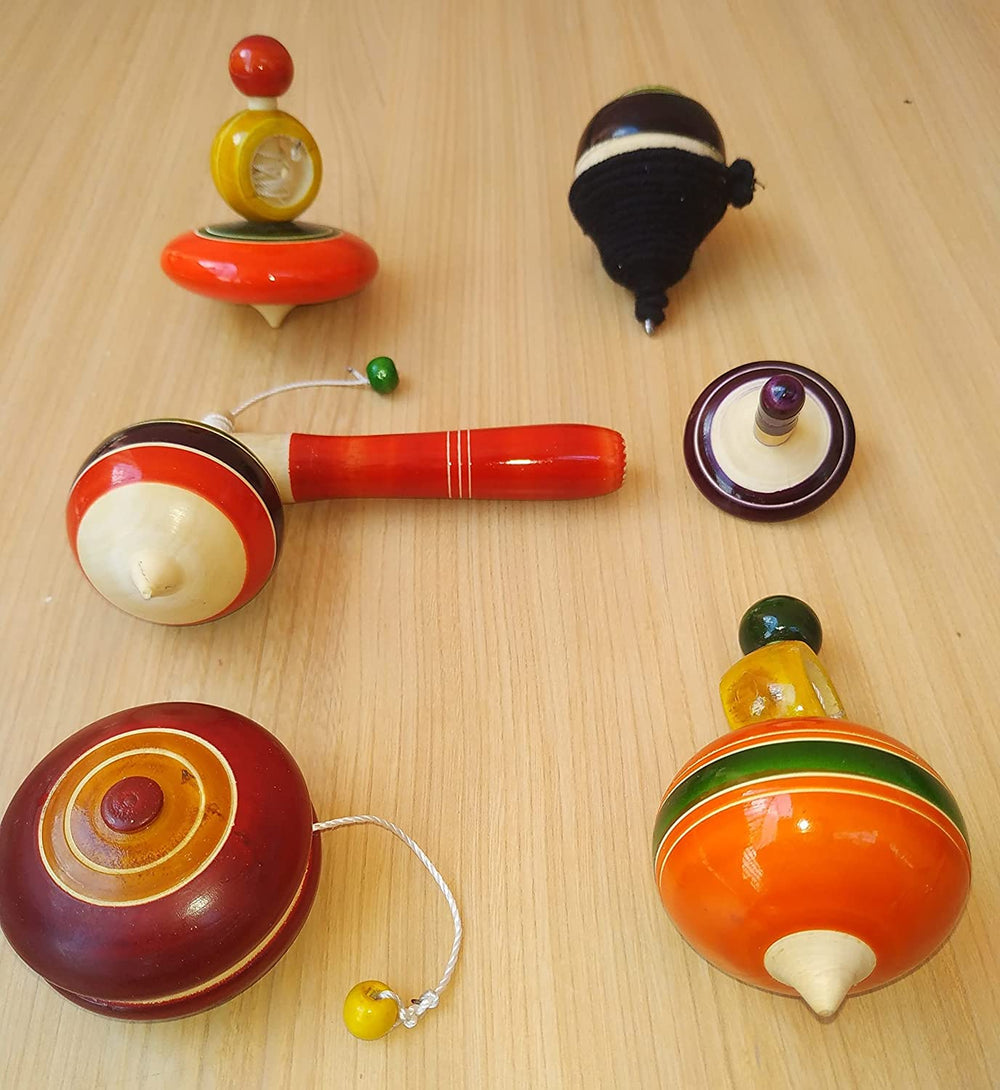 Channapatna Toys Wooden Spinning Tops Toys Combo Pack of 6 toys for Kids (3 Years+) - Multicolor - Curiosity & Fine Motor Skills