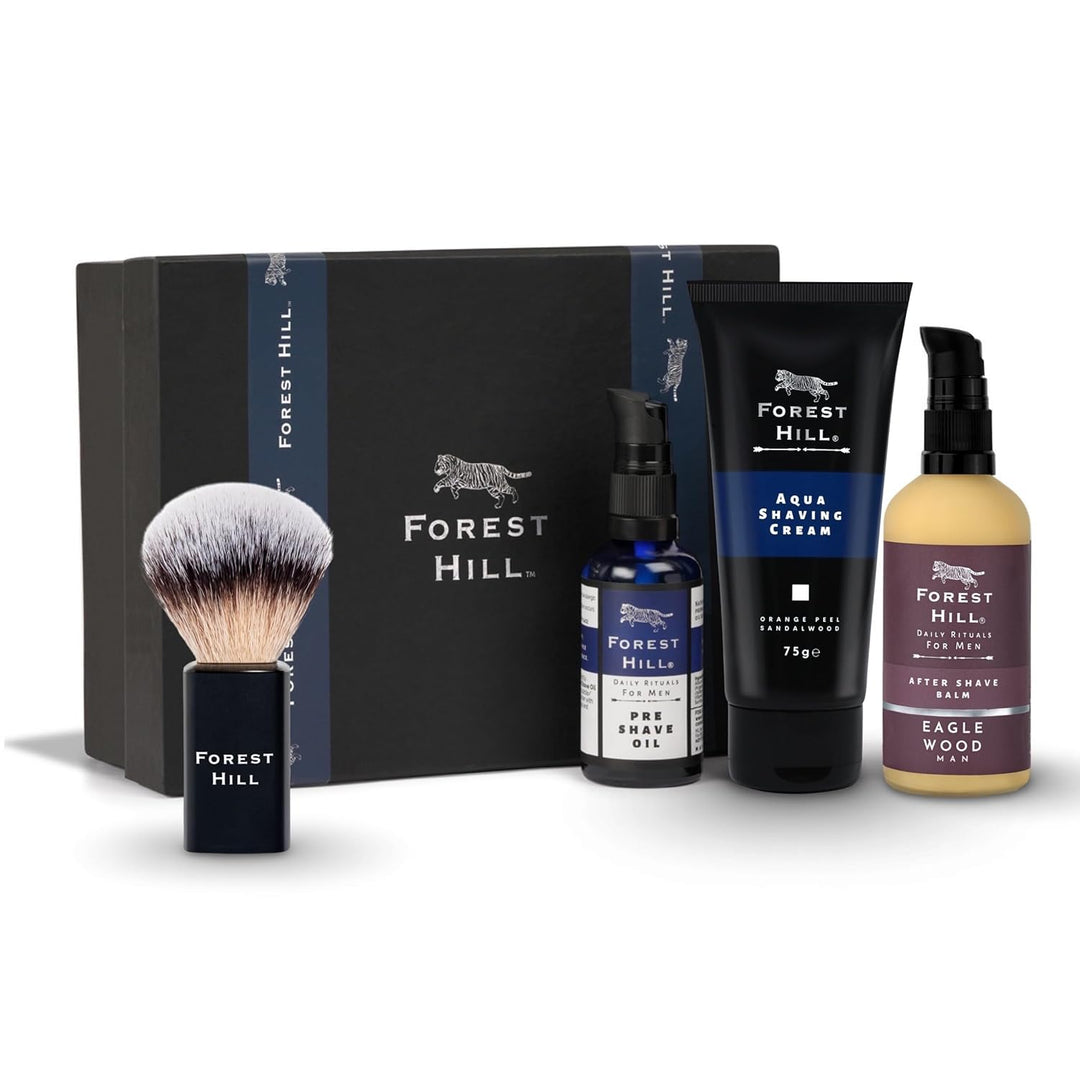 Forest Hill Set of 4 Men Gift Set Grooming Shaving Kit, Pre Shave Oil 50ml, Aqua Shaving Cream 75g, Eaglewood After Shave Balm 100ml & Black Color Lincoln Synthetic Faux Badger Super Soft Hair Shaving Brush